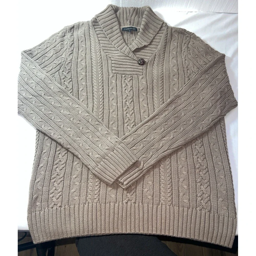 Men’s Jeanne Pierre Cable Knit Sweater Shawl‎ Collar Size Large Brown